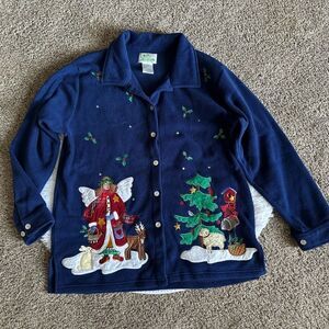 The Quacker Factory Fleece Jacket Christmas Winter Embroidered Button Down Large